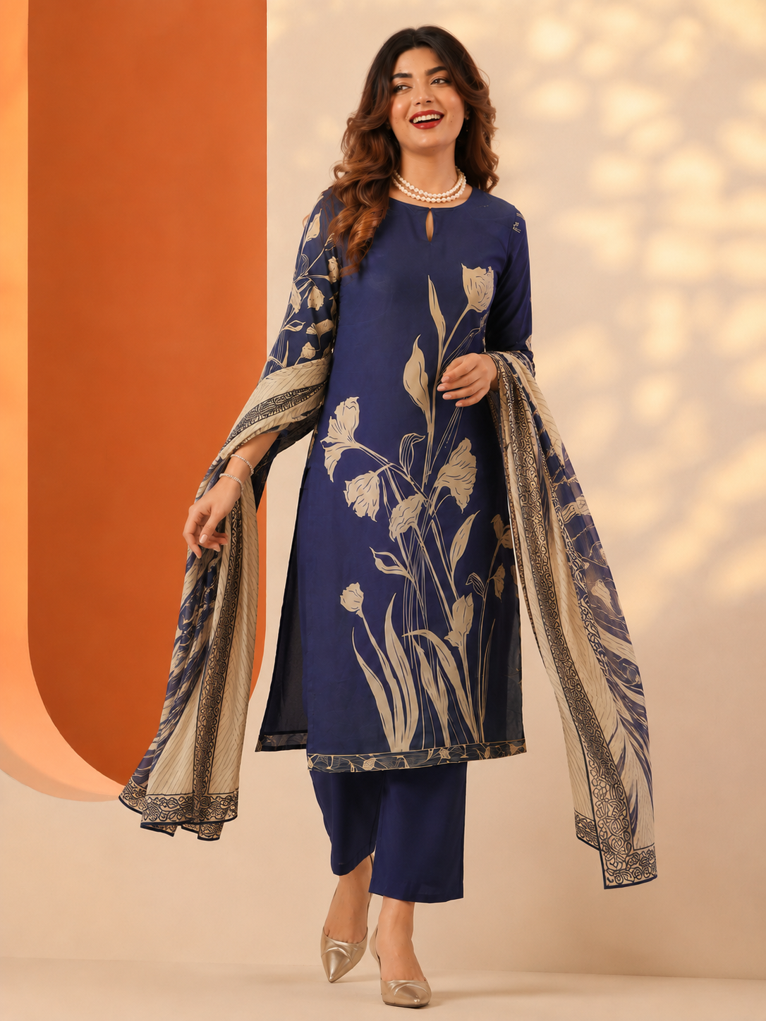 Navy Blue Floral Printed Silk Blend 3-Piece Suit Set with Dupatta