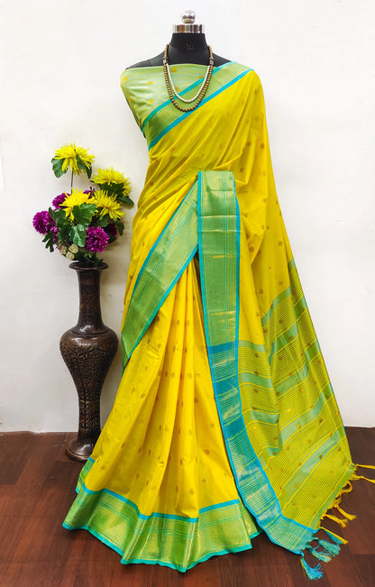 Sunshine Yellow Cotton Silk Saree with Aqua Blue Zari Border & Contrast Mint Blouse