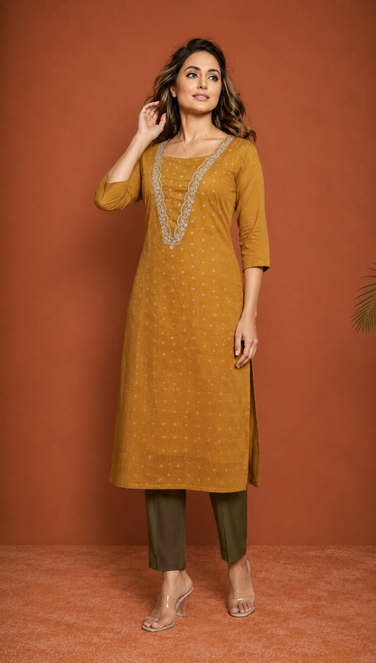 Mustard Gold Jacquard Embroidered Straight Kurti