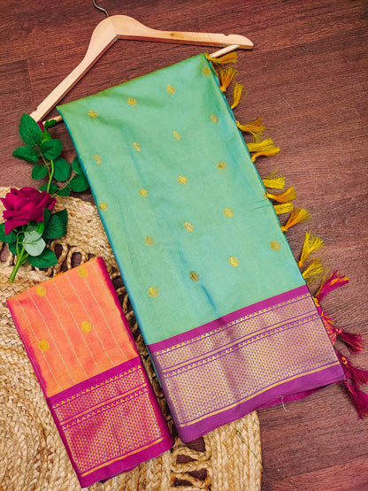 Mint Green Cotton Silk Saree with Gold Butti & Magenta Zari Border