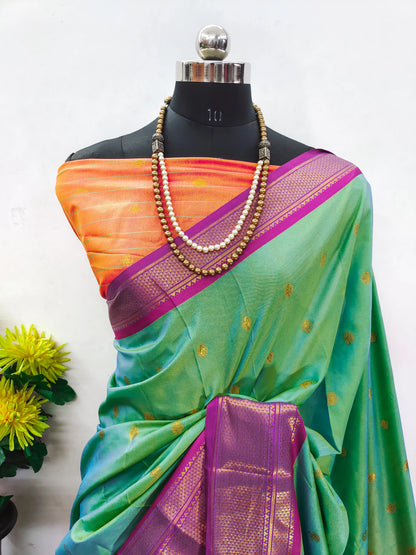 Mint Green Cotton Silk Saree with Gold Butti & Magenta Zari Border