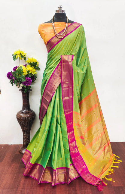 Parrot Green Cotton Silk Saree with Pink Zari Border & Contrast Orange Pallu