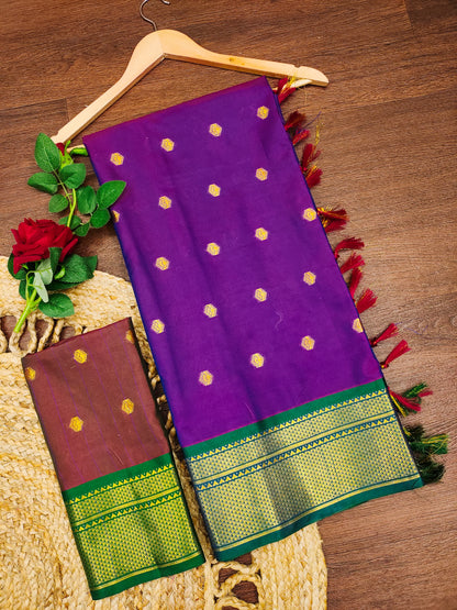 Royal Purple Cotton Silk Saree with Emerald Green Zari Border & Contrast Maroon Blouse