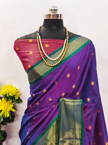 Royal Purple Cotton Silk Saree with Emerald Green Zari Border & Contrast Maroon Blouse
