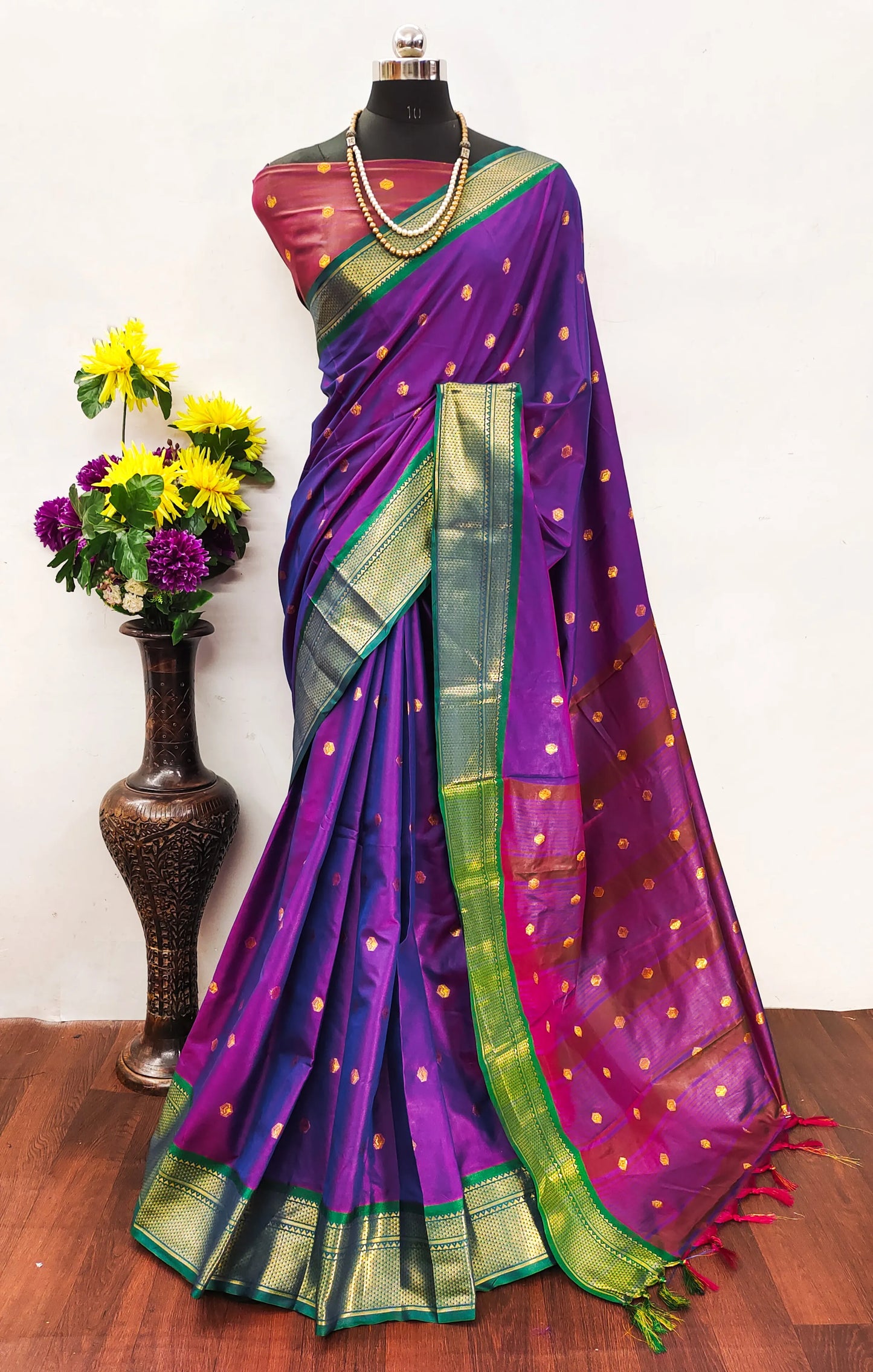 Royal Purple Cotton Silk Saree with Emerald Green Zari Border & Contrast Maroon Blouse