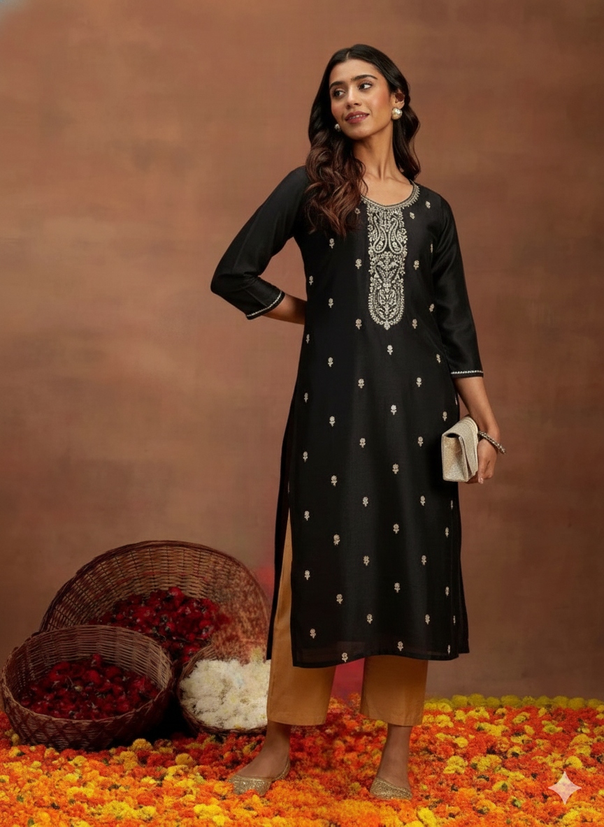 Black & Gold Embroidered Silk Straight Kurti