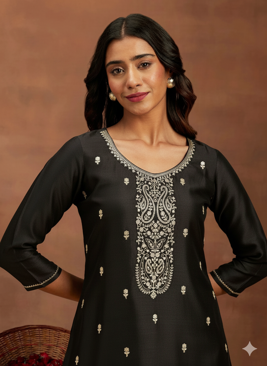 Black & Gold Embroidered Silk Straight Kurti