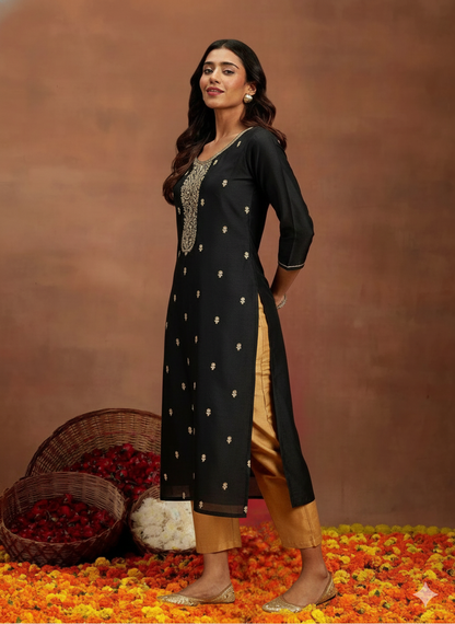 Black & Gold Embroidered Silk Straight Kurti