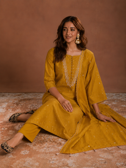 Mustard Yellow Embroidered Straight Kurta Set with Dupatta