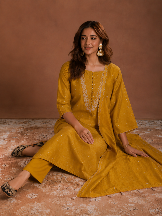 Mustard Yellow Embroidered Straight Kurta Set with Dupatta