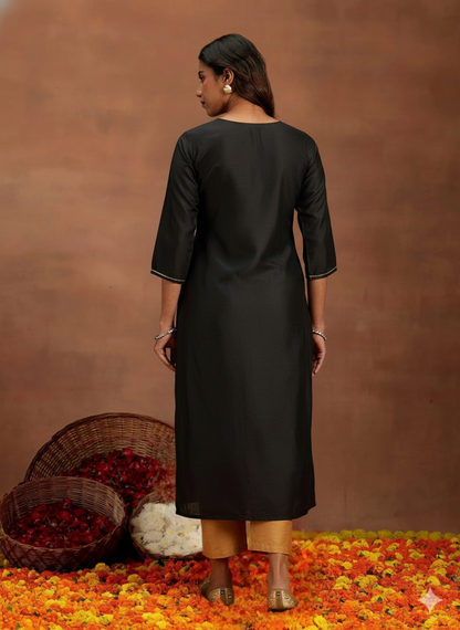 Black & Gold Embroidered Silk Straight Kurti