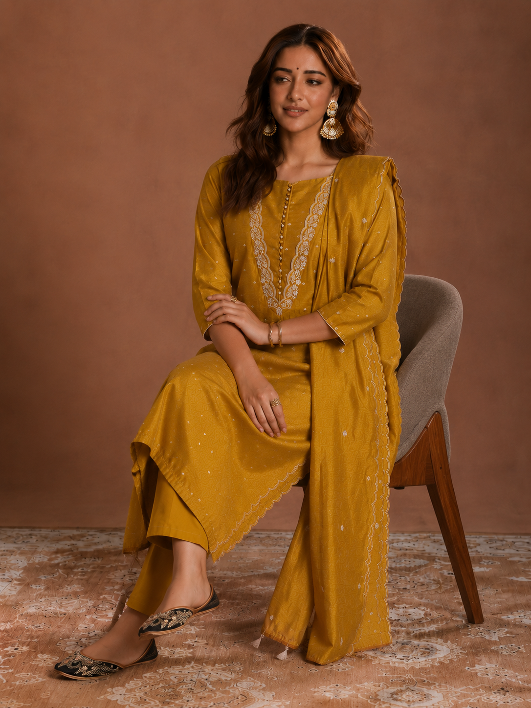 Mustard Yellow Embroidered Straight Kurta Set with Dupatta