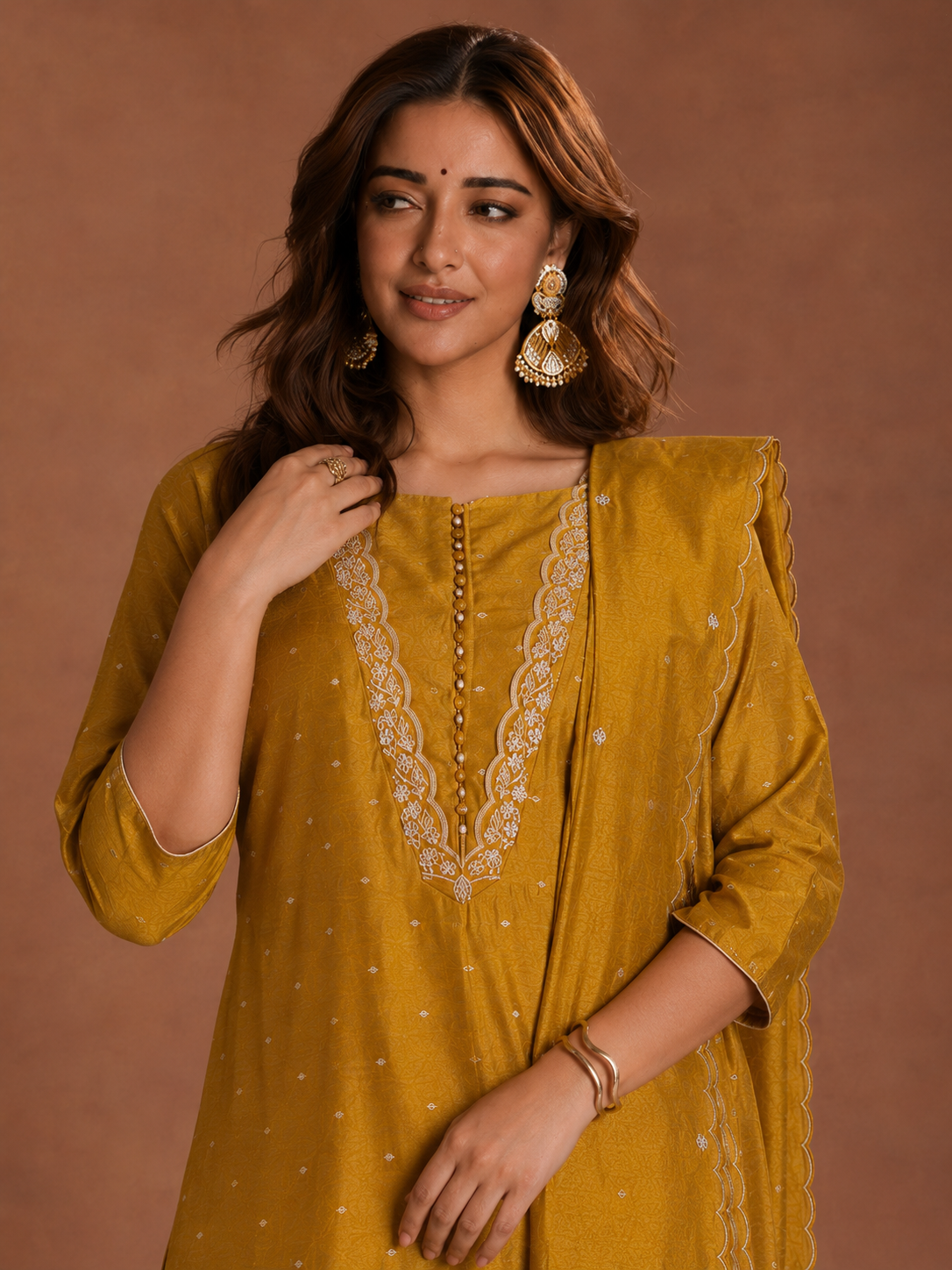 Mustard Yellow Embroidered Straight Kurta Set with Dupatta
