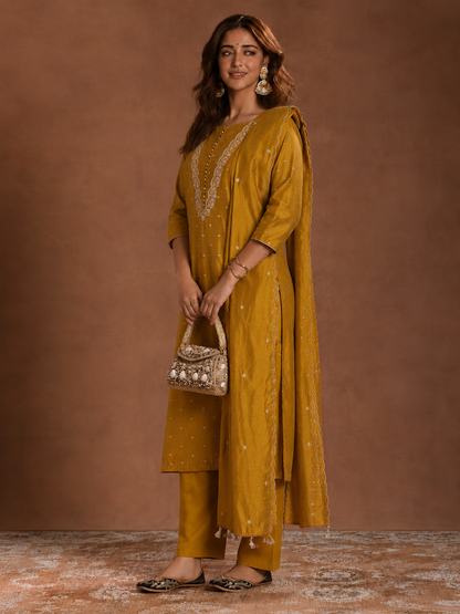 Mustard Yellow Embroidered Straight Kurta Set with Dupatta