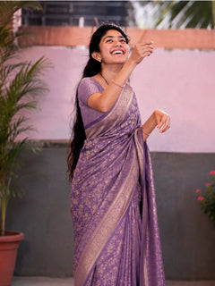 Royal Lavender Purple Banarasi Silk Saree with Floral Jaal Weaving & Heritage Zari Pallu