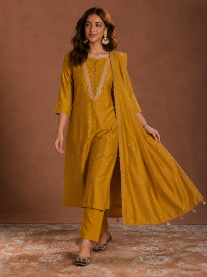 Mustard Yellow Embroidered Straight Kurta Set with Dupatta