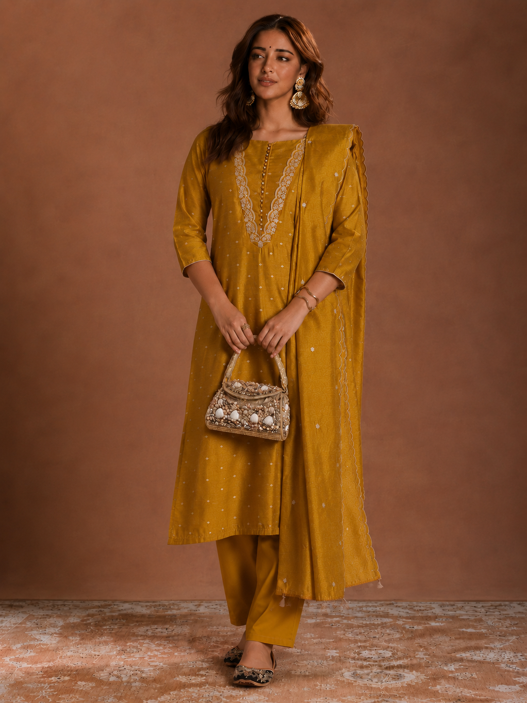 Mustard Yellow Embroidered Straight Kurta Set with Dupatta