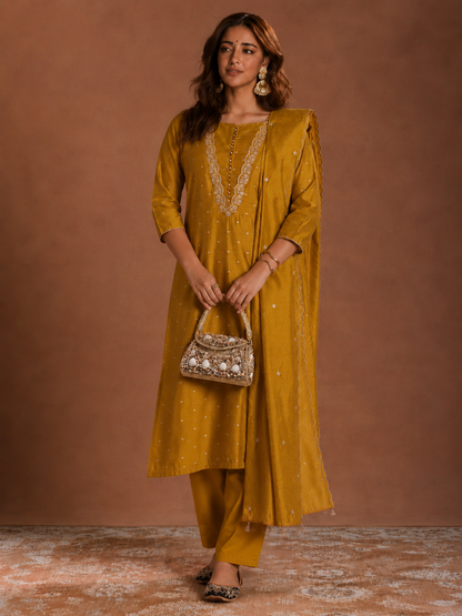 Mustard Yellow Embroidered Straight Kurta Set with Dupatta