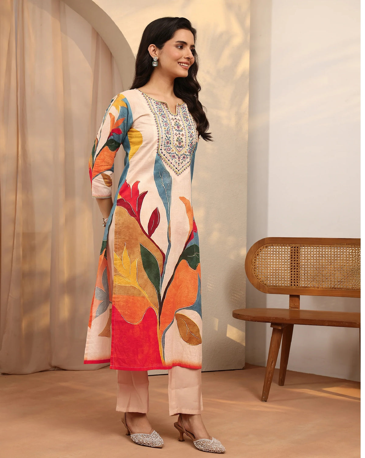 Mustard Multicolour Floral Printed Cotton Silk Blend Kurta Set with Dupatta