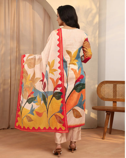 Mustard Multicolour Floral Printed Cotton Silk Blend Kurta Set with Dupatta
