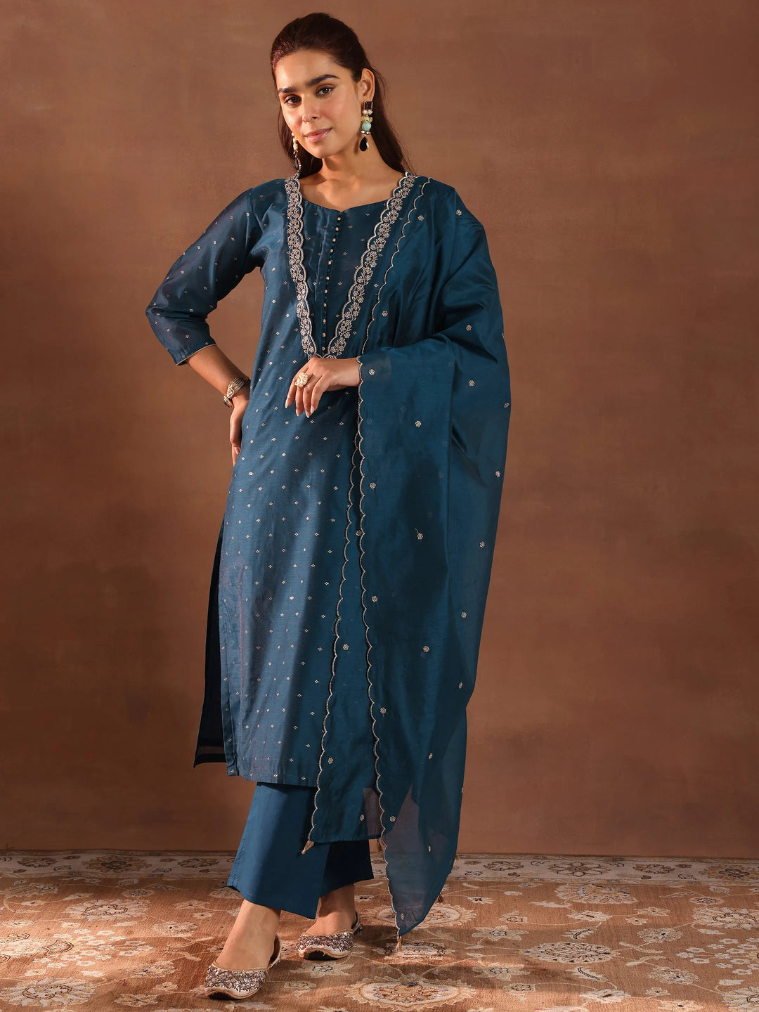 Teal Blue Chanderi Silk Woven Design Straight Kurta Set with Dupatta