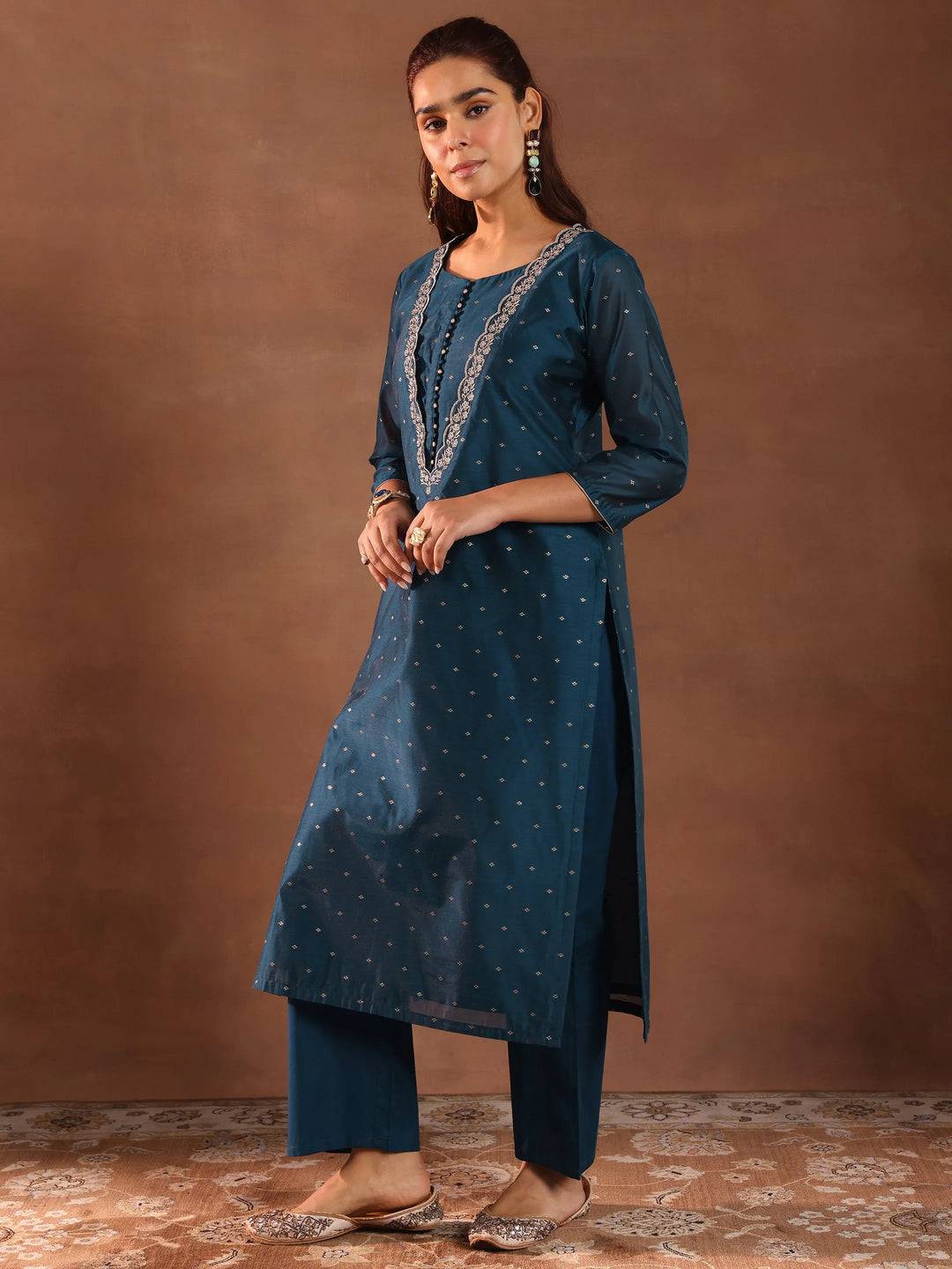 Teal Blue Chanderi Silk Woven Design Straight Kurta Set with Dupatta