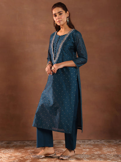 Teal Blue Chanderi Silk Woven Design Straight Kurta Set with Dupatta