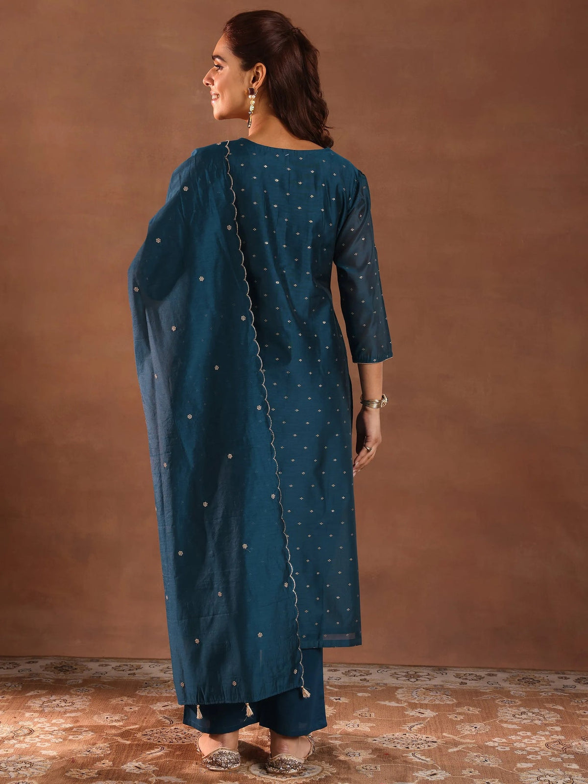 Teal Blue Chanderi Silk Woven Design Straight Kurta Set with Dupatta