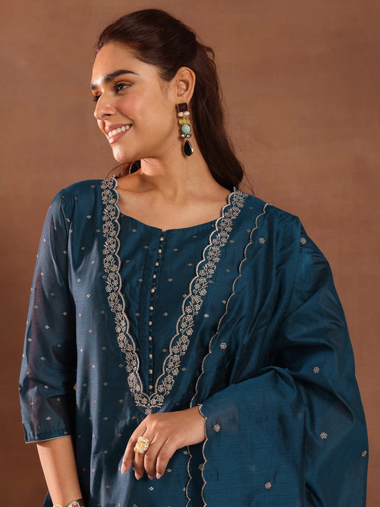 Teal Blue Chanderi Silk Woven Design Straight Kurta Set with Dupatta