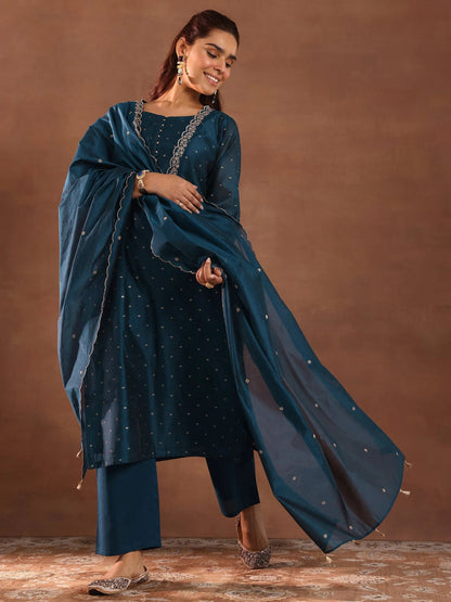 Teal Blue Chanderi Silk Woven Design Straight Kurta Set with Dupatta