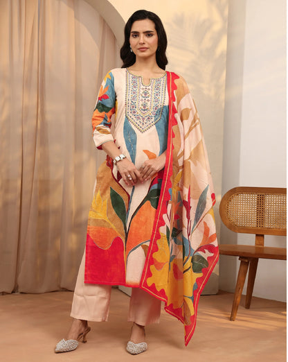 Mustard Multicolour Floral Printed Cotton Silk Blend Kurta Set with Dupatta