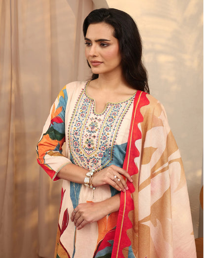 Mustard Multicolour Floral Printed Cotton Silk Blend Kurta Set with Dupatta