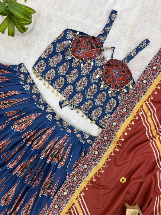 Navy Blue Ajrakh Print Lehenga Choli with Red Dupatta