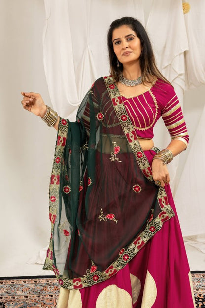 Magenta & Dark Green Rayon Lehenga Choli with Heavy Embroidered Dupatta