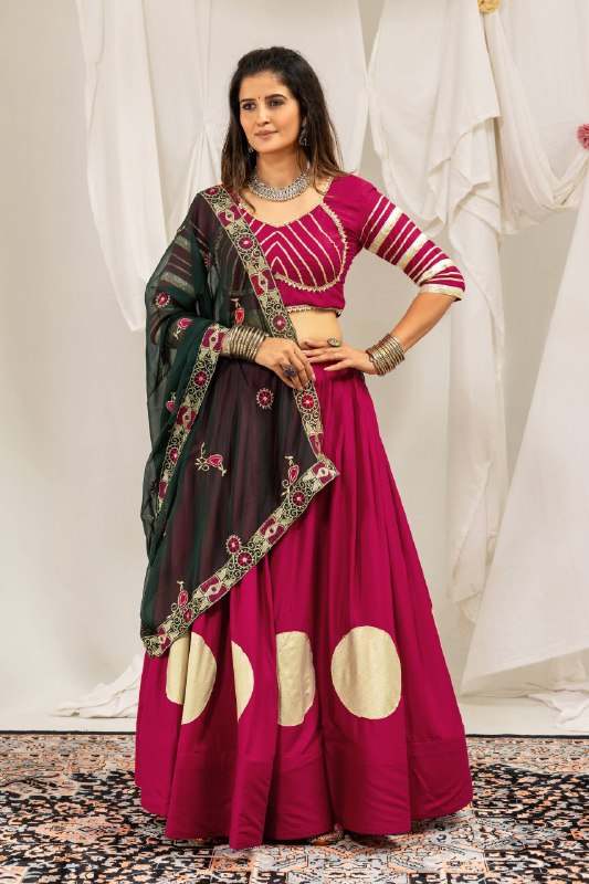 Magenta & Dark Green Rayon Lehenga Choli with Heavy Embroidered Dupatta