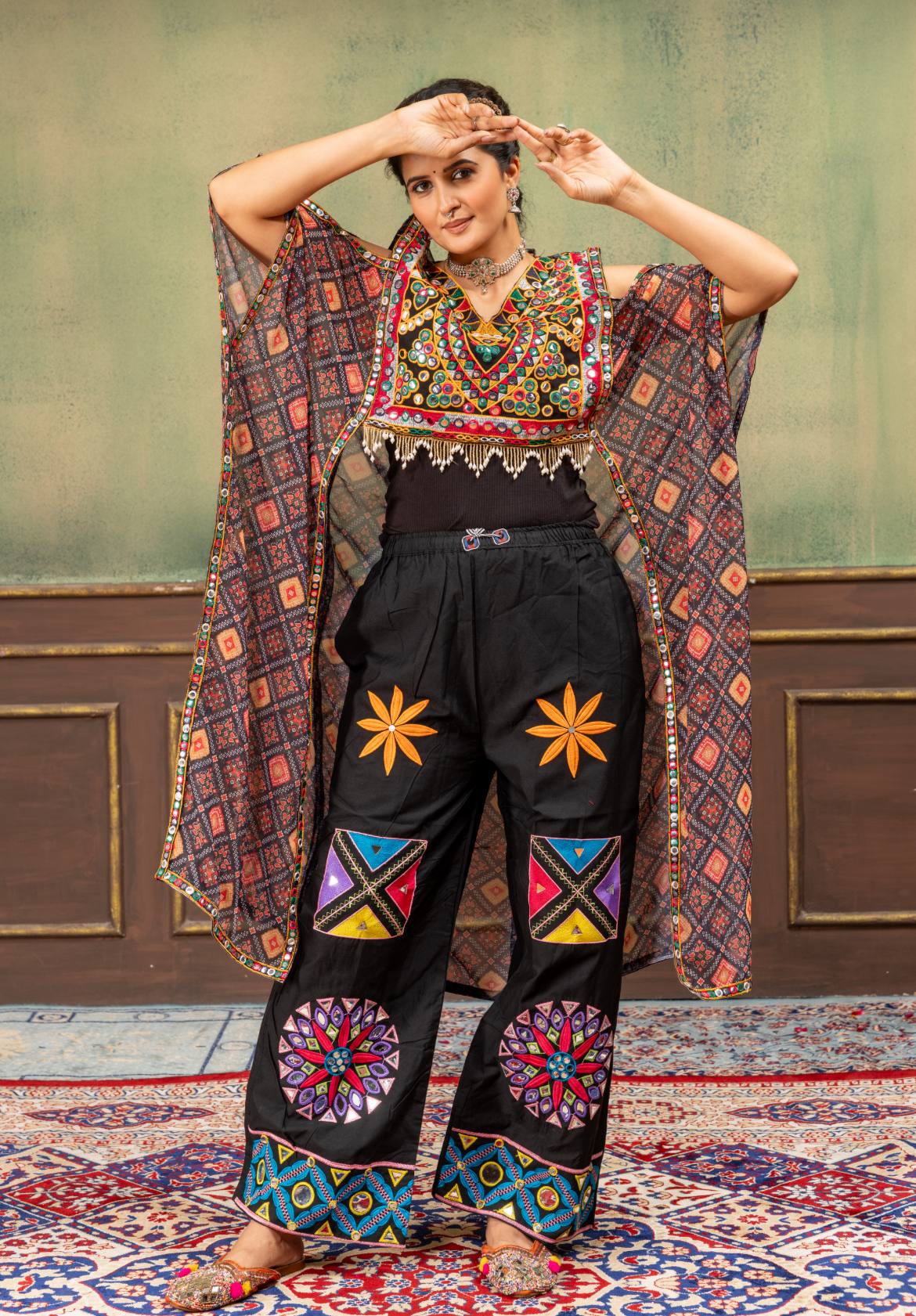 Rang Kaftan Black Embroidered Kaftan with Embroidered Mirror Work Jeans Set