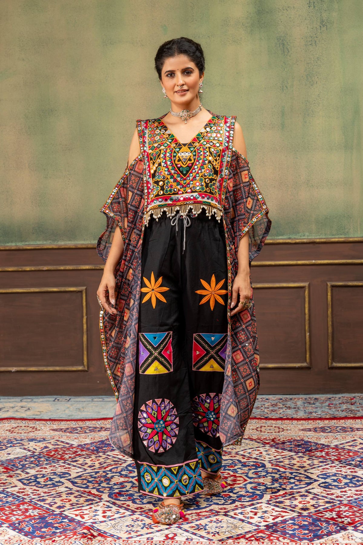 Rang Kaftan Black Embroidered Kaftan with Embroidered Mirror Work Jeans Set