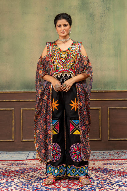 Rang Kaftan Black Embroidered Kaftan with Embroidered Mirror Work Jeans Set