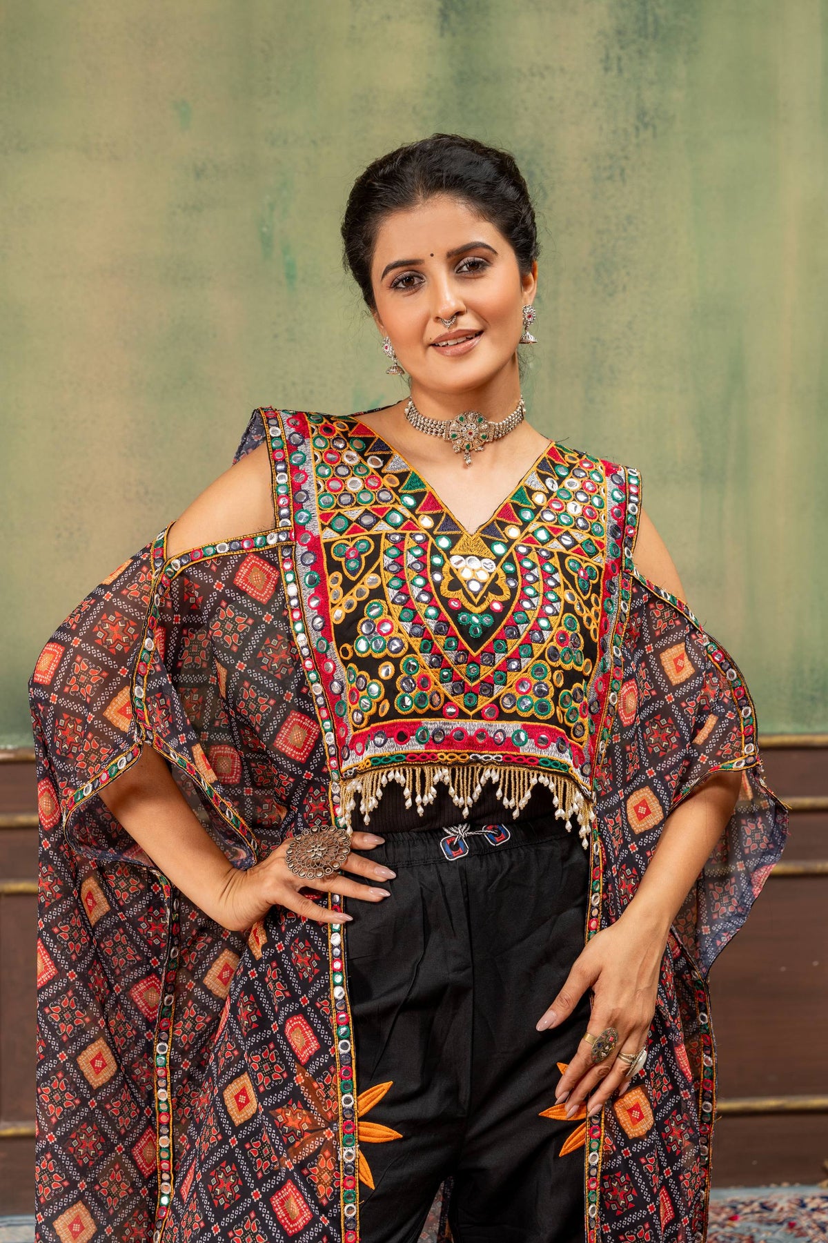 Rang Kaftan Black Embroidered Kaftan with Embroidered Mirror Work Jeans Set