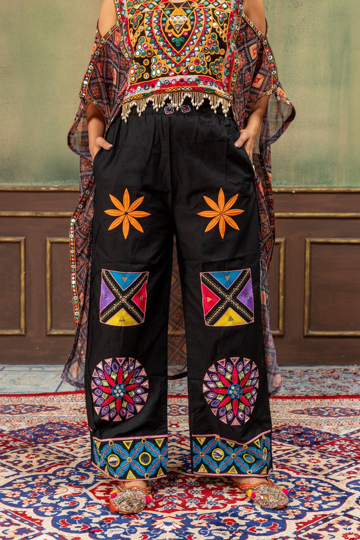 Rang Kaftan Black Embroidered Kaftan with Embroidered Mirror Work Jeans Set