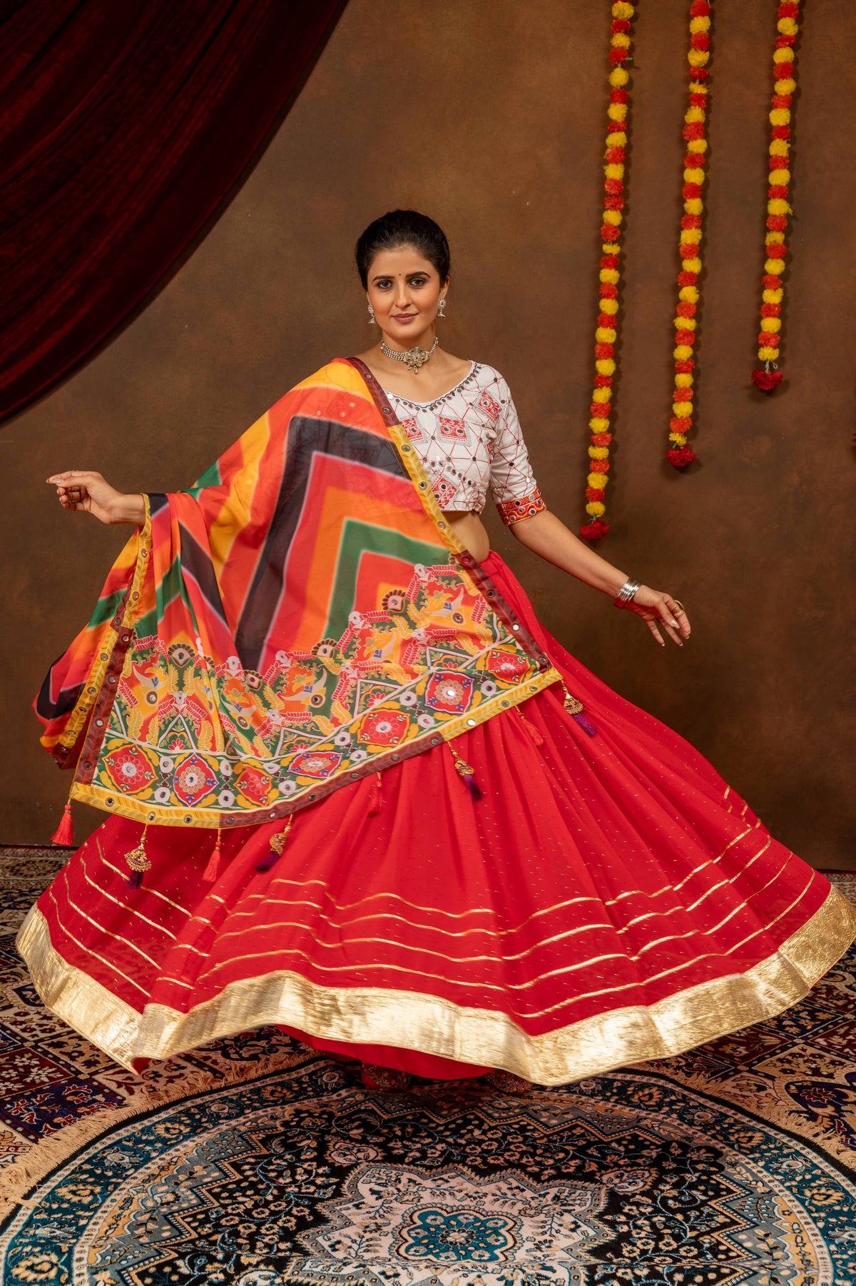 Red Navratri Lehenga Set with Printed Faux Georgette Dupatta, Mirror Work & Gota Detailing