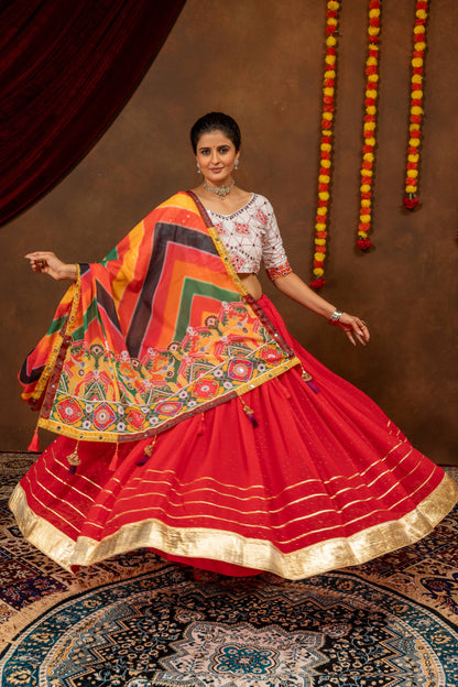 Red Navratri Lehenga Set with Printed Faux Georgette Dupatta, Mirror Work & Gota Detailing