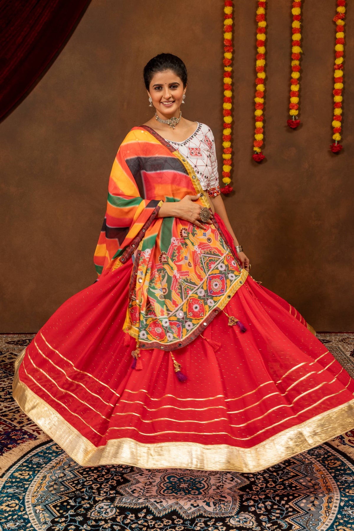 Red Navratri Lehenga Set with Printed Faux Georgette Dupatta, Mirror Work & Gota Detailing