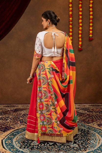 Red Navratri Lehenga Set with Printed Faux Georgette Dupatta, Mirror Work & Gota Detailing