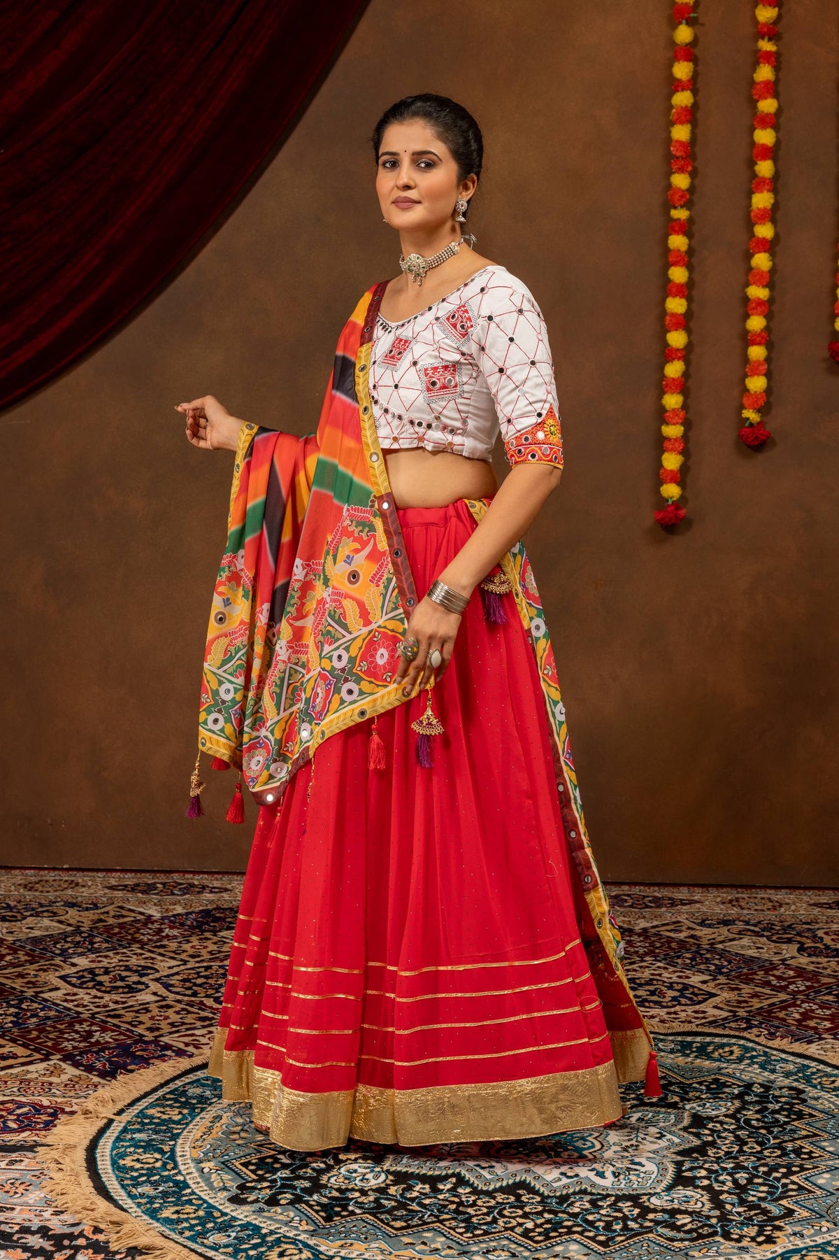 Red Navratri Lehenga Set with Printed Faux Georgette Dupatta, Mirror Work & Gota Detailing