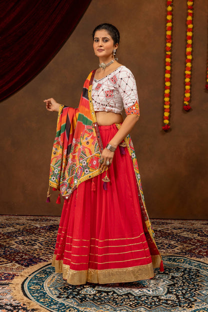 Red Navratri Lehenga Set with Printed Faux Georgette Dupatta, Mirror Work & Gota Detailing