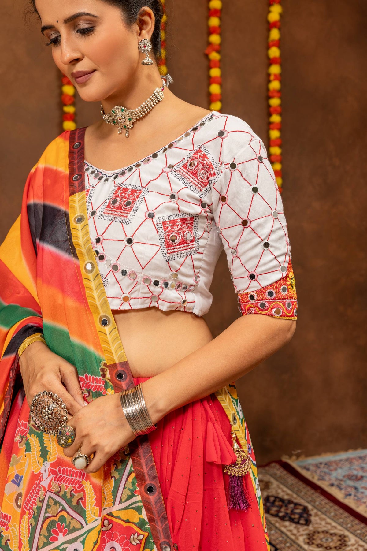 Red Navratri Lehenga Set with Printed Faux Georgette Dupatta, Mirror Work & Gota Detailing