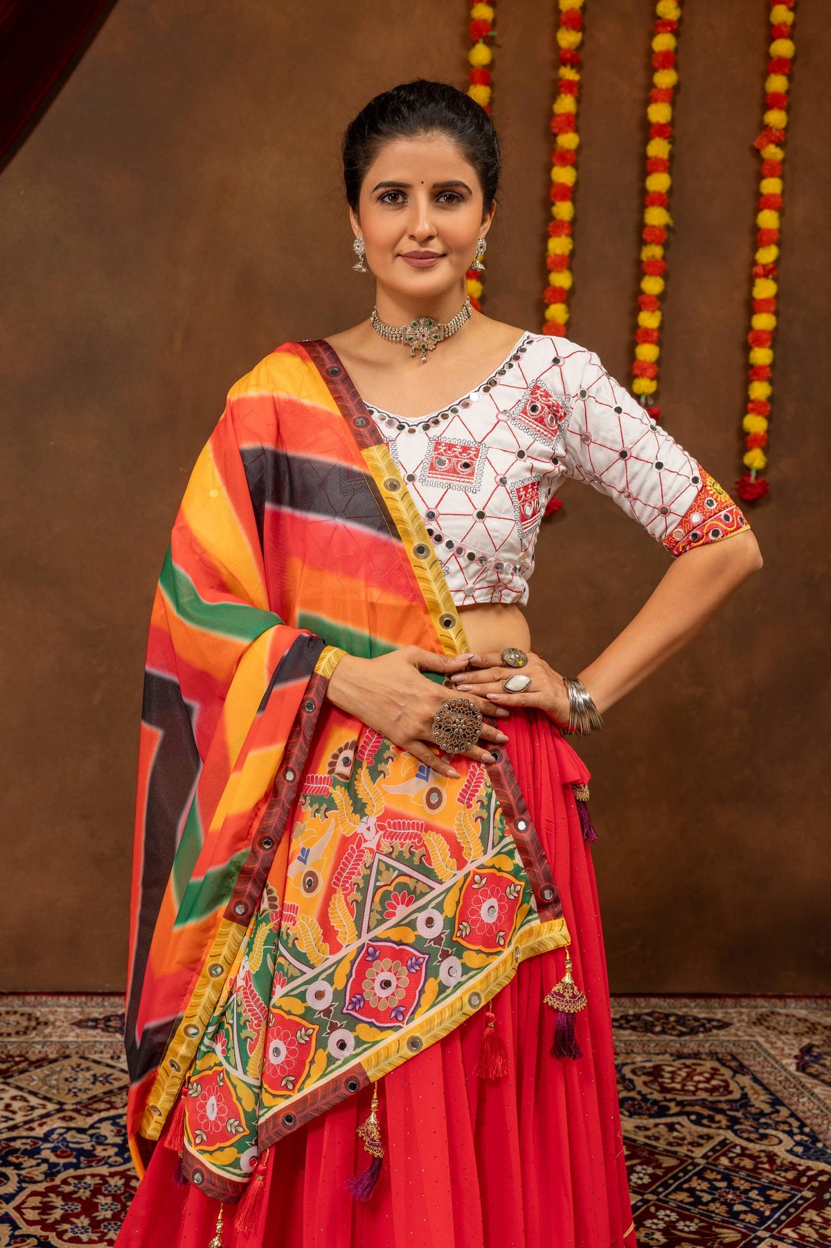 Red Navratri Lehenga Set with Printed Faux Georgette Dupatta, Mirror Work & Gota Detailing