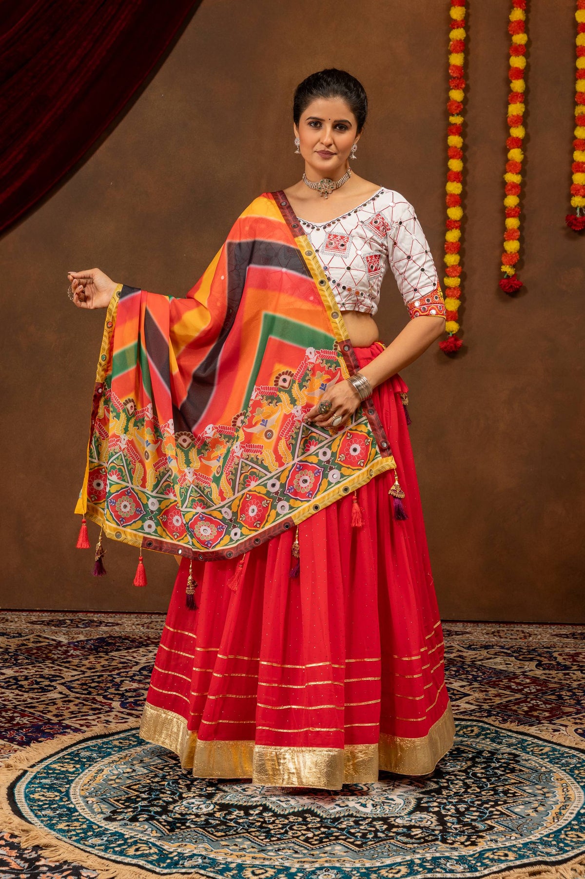 Red Navratri Lehenga Set with Printed Faux Georgette Dupatta, Mirror Work & Gota Detailing