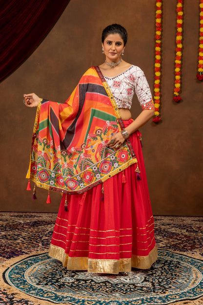 Red Navratri Lehenga Set with Printed Faux Georgette Dupatta, Mirror Work & Gota Detailing